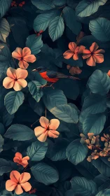 Songbird rests amid teal foliage and coral blossoms