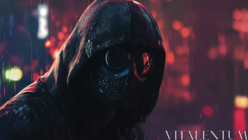 Hooded figure in tactical respirator under neon night rain