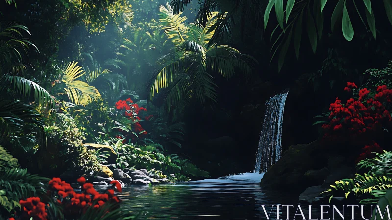 Lush jungle waterfall with dense foliage and flowers.