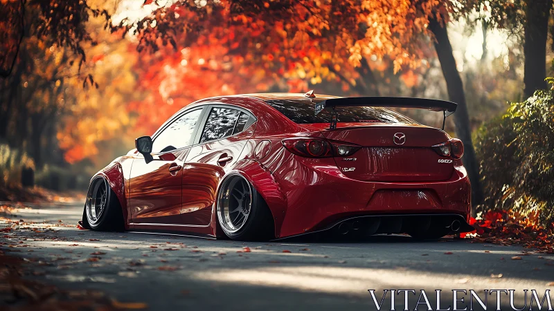 Stanced red Mazda in glowing autumn forest roadway scene.