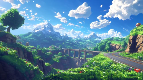 Panoramic alpine valley with viaduct and curving roadway.