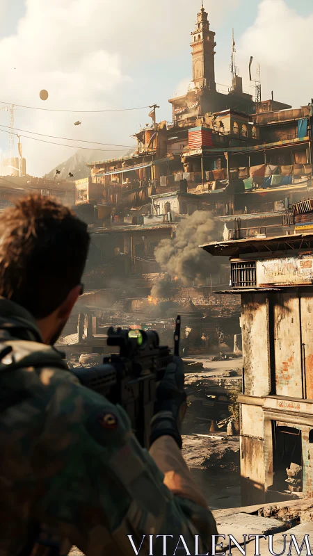 Armed soldier surveys war‑torn hillside city under rising smoke