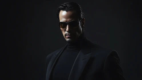 Serious man in black suit and sunglasses in low light.