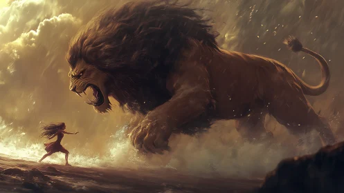 Giant lion charging lone girl through storming surf.