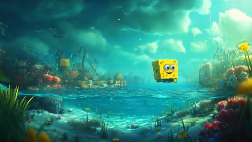 Cheerful sponge friend drifting through a dreamy lagoon.