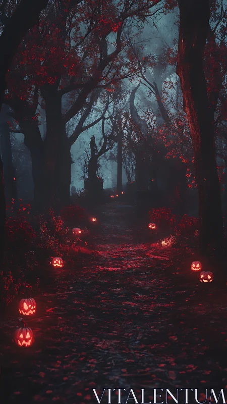 Jack-o-lantern path through misty haunted forest at night.