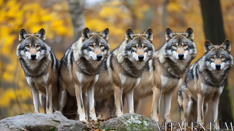 Wolf pack portrait in autumn forest with golden foliage focus.