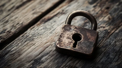 Weathered brass padlock brooding on cracked timber grain.