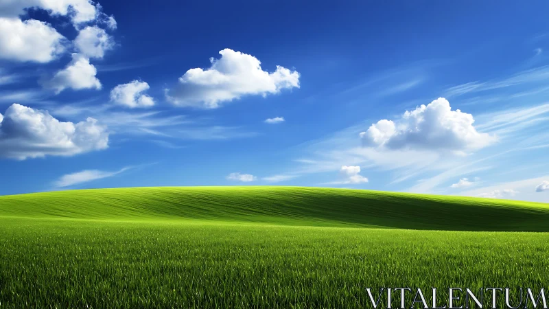 Sunlit green hillside rolls beneath a vast serene blue sky