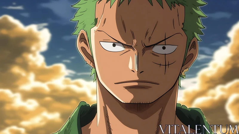 Sunlit anime swordsman portrait with dramatic sky rendering.