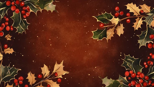 Holly branches with red berries frame a textured brown background