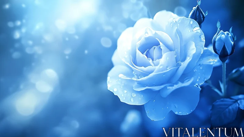 Blue Rose Bloom with Water Droplets.