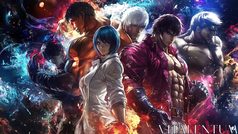 Six stylized fighters stand in layered, luminous composition