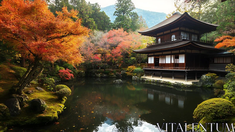 Traditional Japanese pavilion overlooks reflective autumn pond