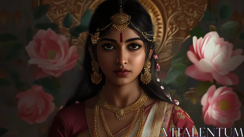 Elegant Indian Woman in Traditional Attire, Floral Digital Art.