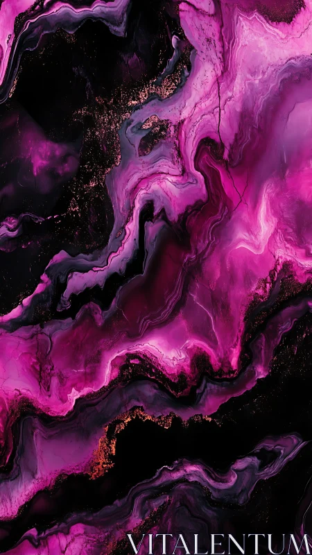 Magenta fluid acrylic marbling with black voids and metallic flecks