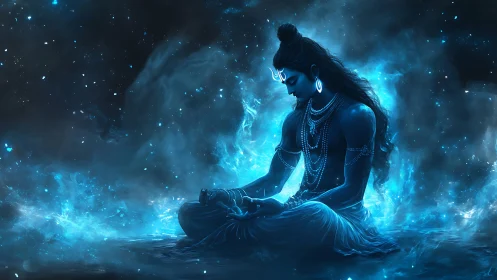 Cosmic blue deity in meditative seated pose amid astral nebula