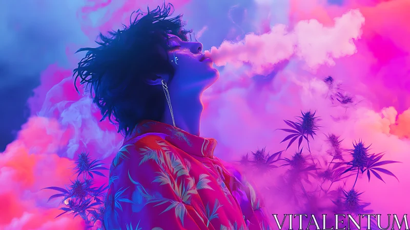 Profile view of figure exhaling vapor in neon fog field.