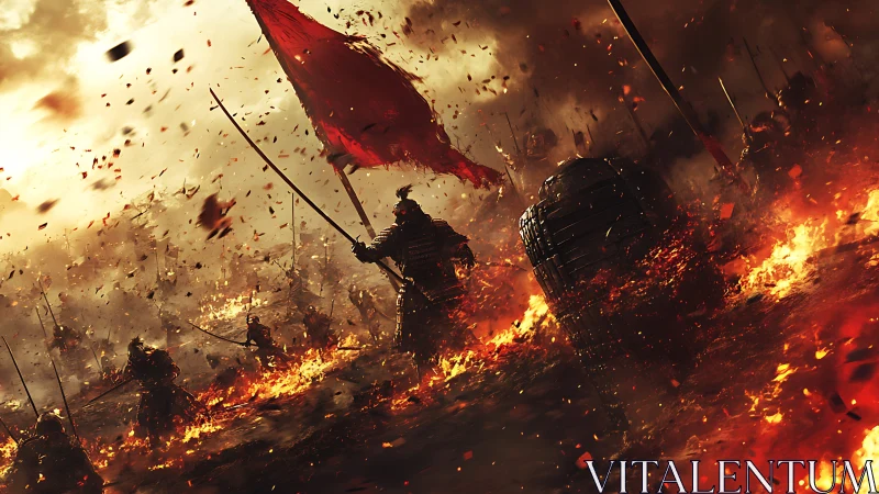 Armored warriors advancing through burning battlefield scene.