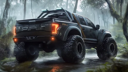 Wild jungle truck pauses in misty forest trail calm.