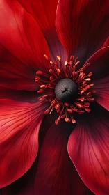 Crimson Blossom Center: Macro Study of Red Flower.
