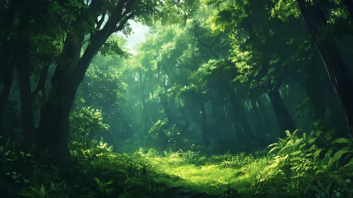 Luminous Forest Canopy: Digital Painting with Atmospheric Light.