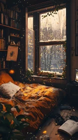Winter-lit bedroom glows while golden dust motes quietly orbit