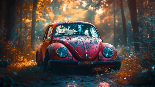 Rusty red beetle rests in a glowing autumn forest path