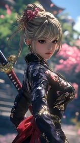 Samurai woman in ornate kimono holding sheathed katana