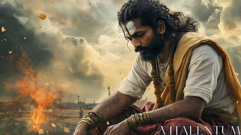 Contemplative holy man beside fire under stormy sky.