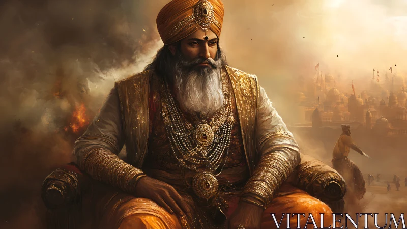 Majestic Sikh ruler enthroned amid smoky battlefield glow.