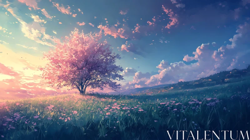 Solitary cherry tree in flowered meadow under wide sky.