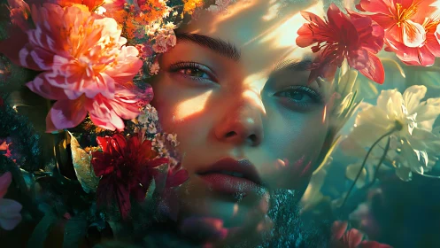 Female face framed by dense colorful flowers in sunlight