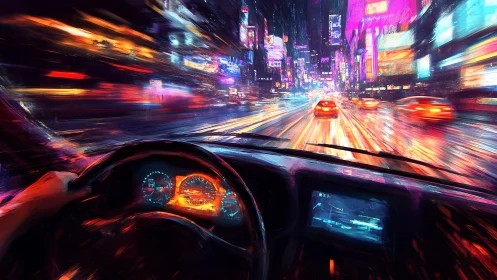 Neon night drive through futuristic city streets at speed.