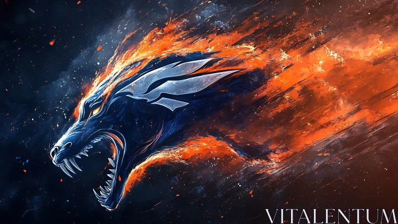 Fiery cyber dragon erupts through space in blazing motion