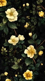 Yellow and White Flowers on Dark Background with Green Foliage.