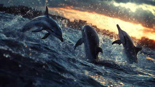 Dolphins leap through stormy waves under fiery sunset sky