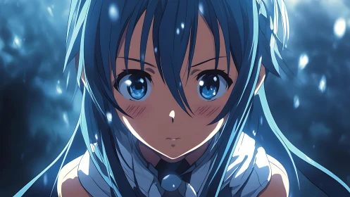 Blue-haired anime girl gazes ahead in glowing twilight.