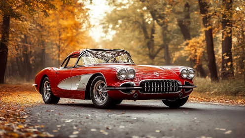Red classic coupe parked on forest road in autumn light.