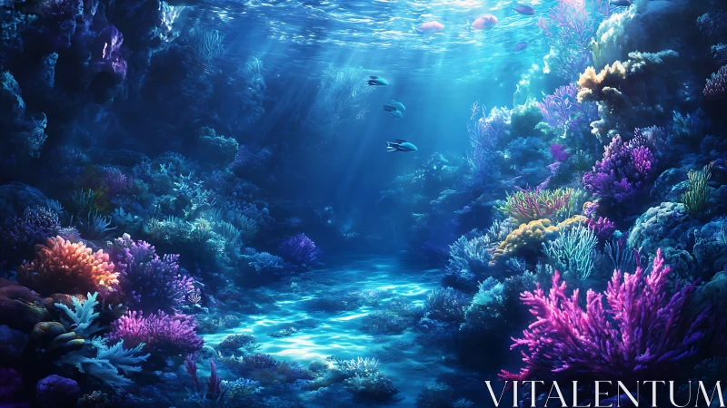 Color-rich coral reef under clear sunlit ocean water.