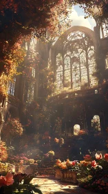 Sunlit cathedral garden overruns grand gothic interior.