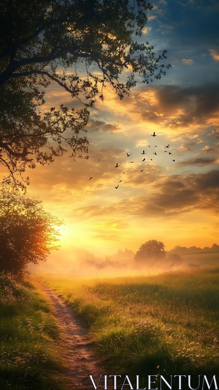 Sunlit country path winds through misty golden meadow at dawn.