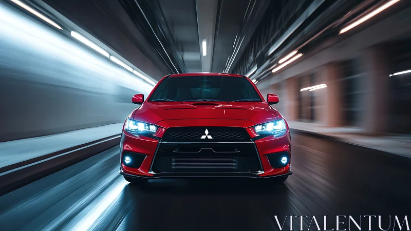 Red sport sedan blazing through a sleek city tunnel at night.