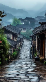 Misty stone alley through traditional mountain village.