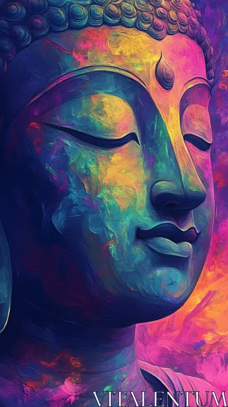 Chromatic serenity hums through this luminous Buddha profile