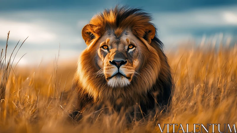 Majestic lion rests in golden savanna dusk light.