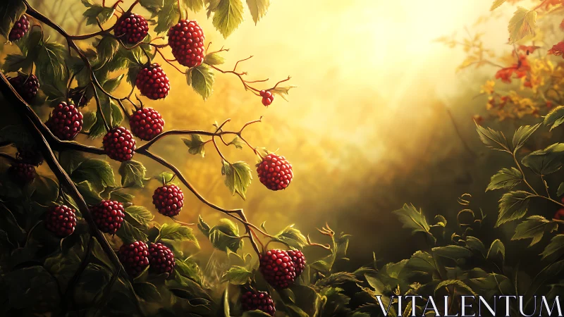 Sunlit blackberry brambles with ripe fruit in forest glow.