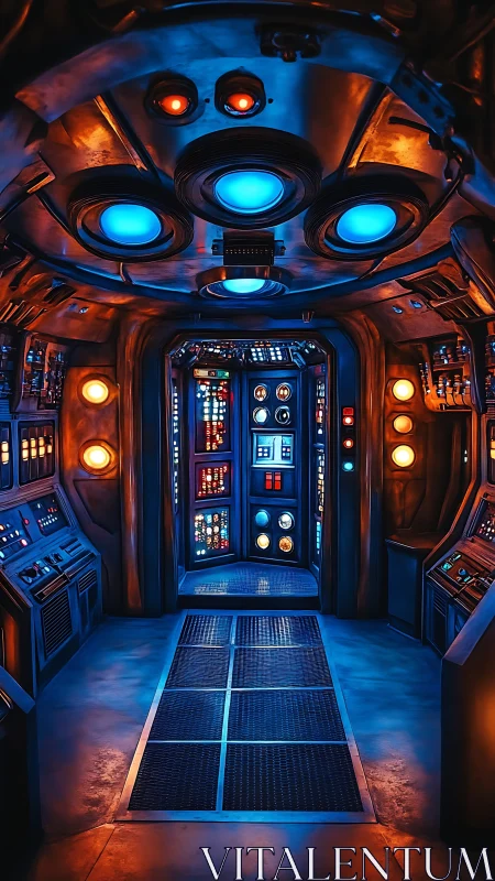 Retro-futuristic starship control corridor with blue neon cores