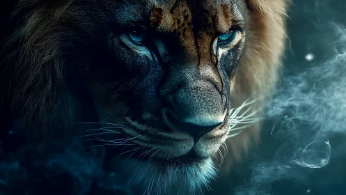 Midnight lion forges a storm of ice-blue gaze and smoke