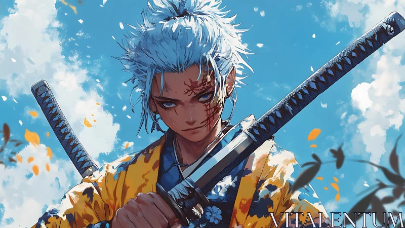 Scarred anime swordsman in dynamic dual-katana stance.